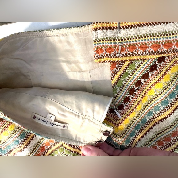 Vtg NANETTE LEPORE A-line Chevron Skirt Tweed Colorful Metallic Brown Green Tan - Picture 5 of 8